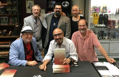 J. Blake Fichera promoted "Scored to Death" with a signing at Dark Delicacies in Burbank, CA, which was attended by five composers. Front row, from left, are: Chris Young, Harry Manfredini, and Alan Howarth. Back row, from left, are Charles Bernsntein, Ficheaq and Joseph Bishara.